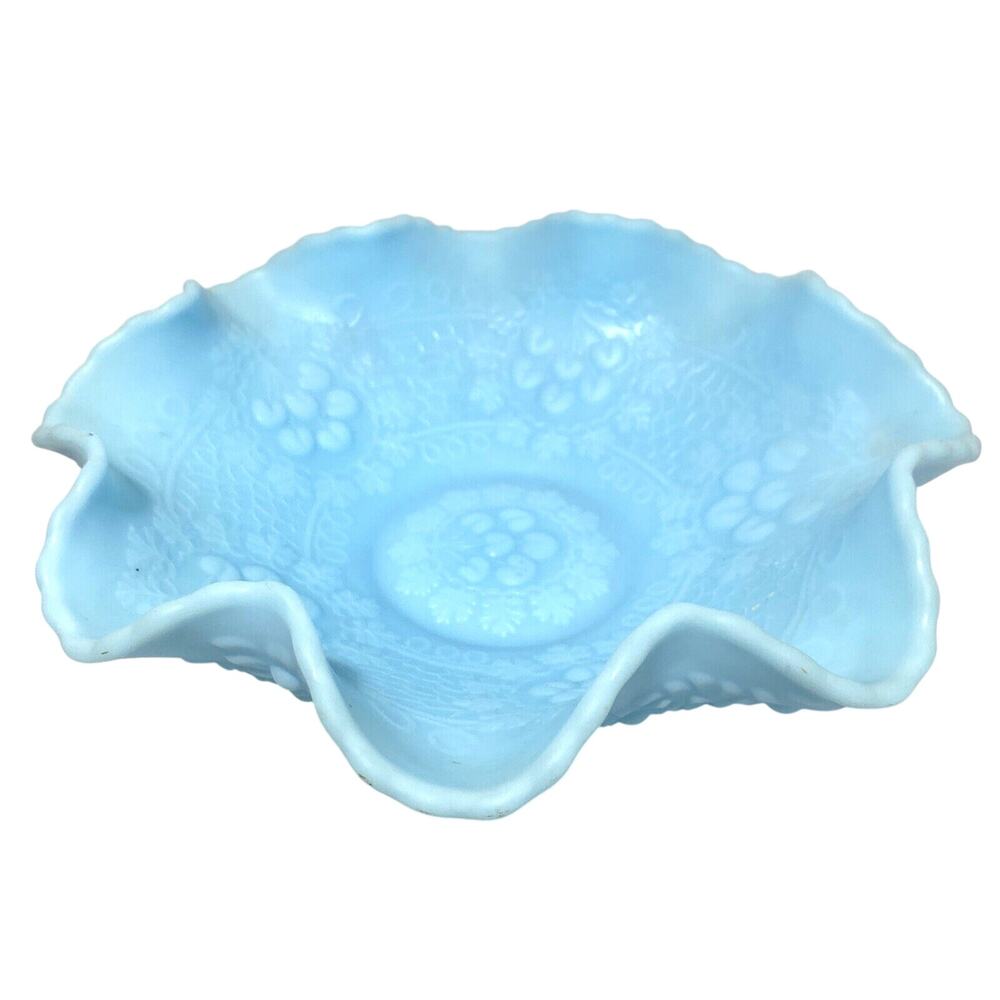 Fenton Blue Satin Bowl Custard Glass Ruffled Edge Cherry Chain Orange Tree Dish
